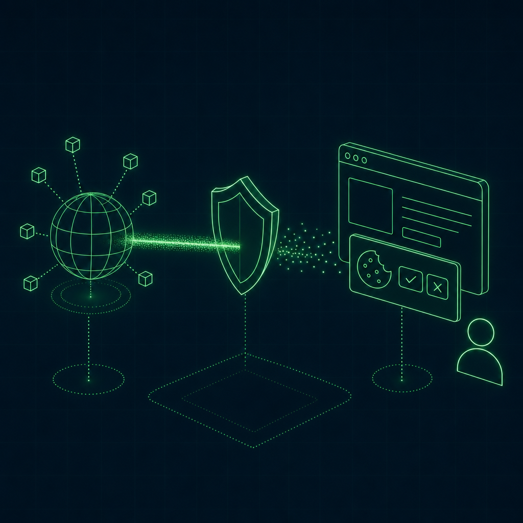 A consent banner and browser shield blocking a tracker