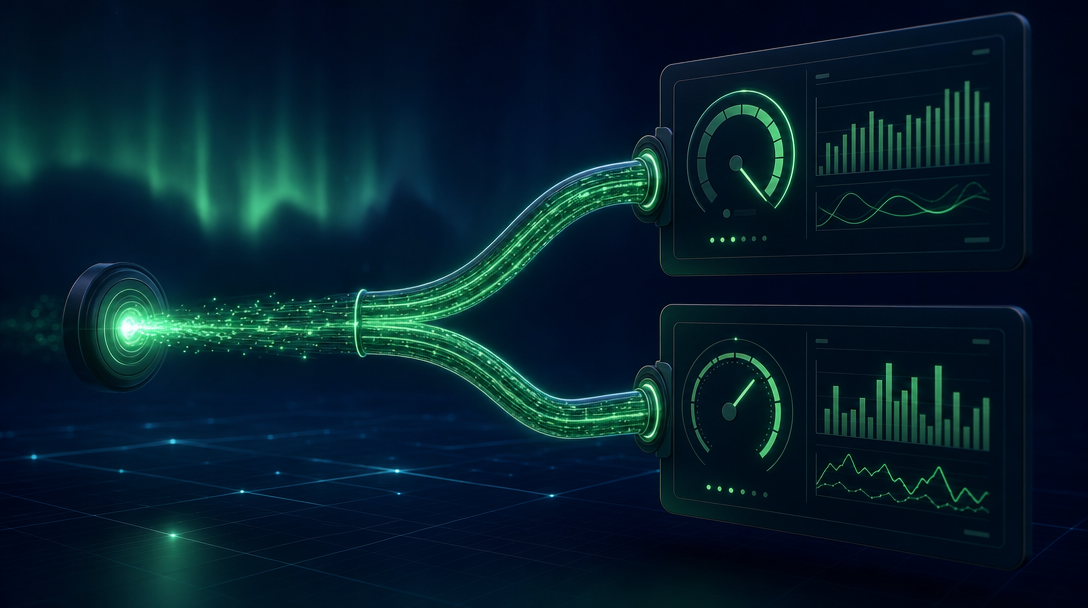 Two data pipes feeding two dashboards showing different conversion totals, deep navy with neon green