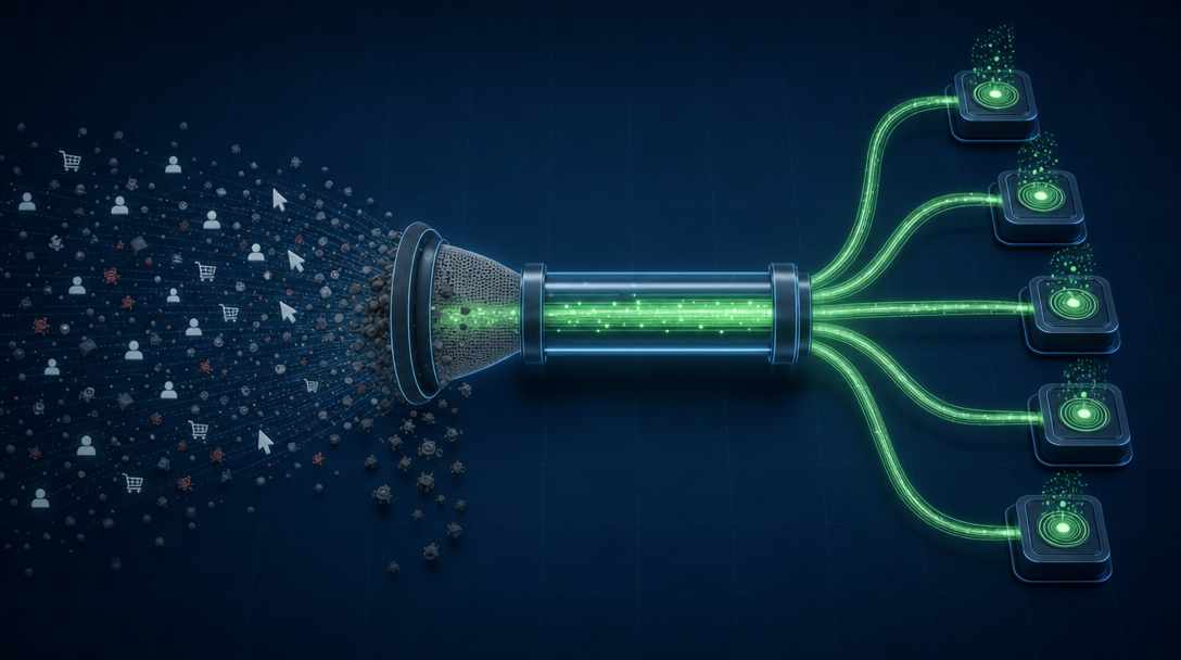 Scattered data filtered through a single conduit into one green stream feeding five advertising platform nodes