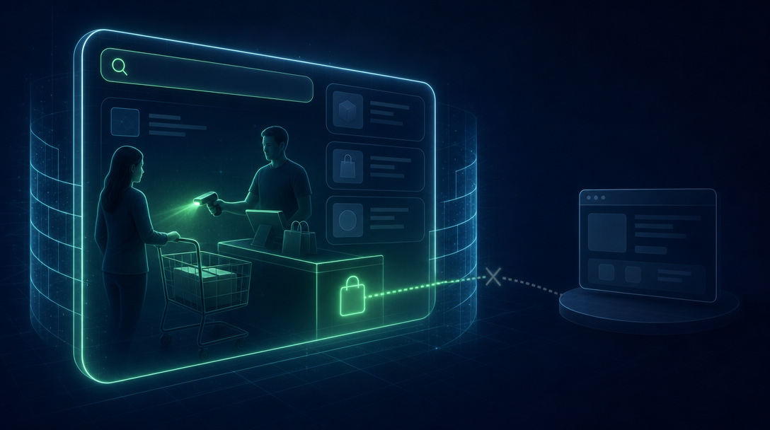 A checkout happening inside a search interface with the transaction signal not reaching a dimmed external website node