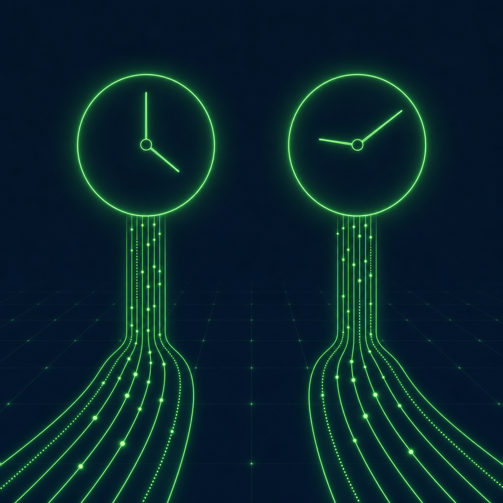Two neon clocks set to different times, each on its own data pipe