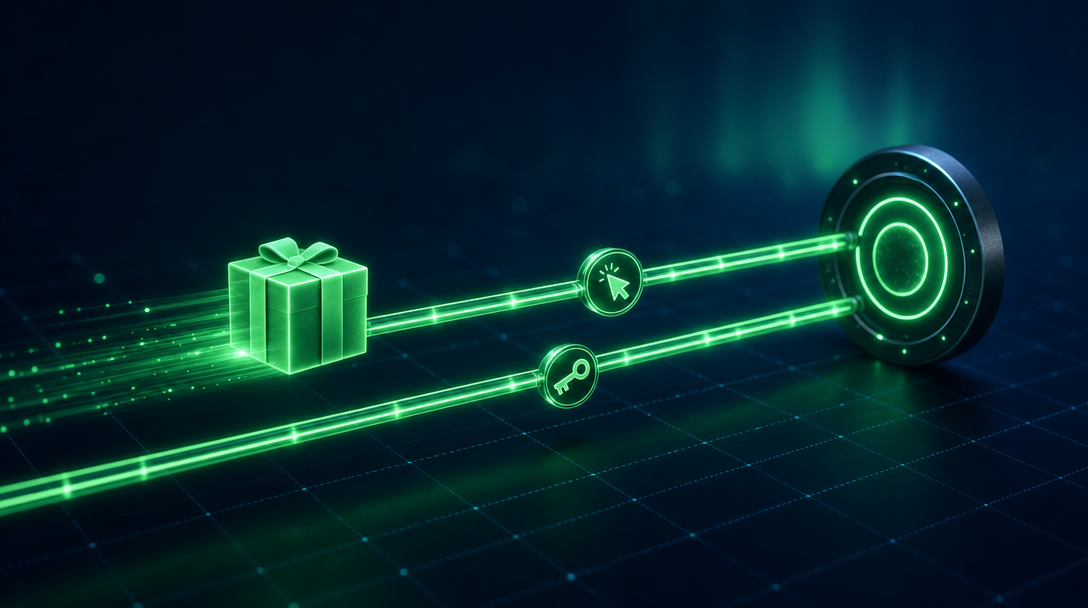 A sale traveling on two parallel rails, a click-ID rail and a hashed-key rail