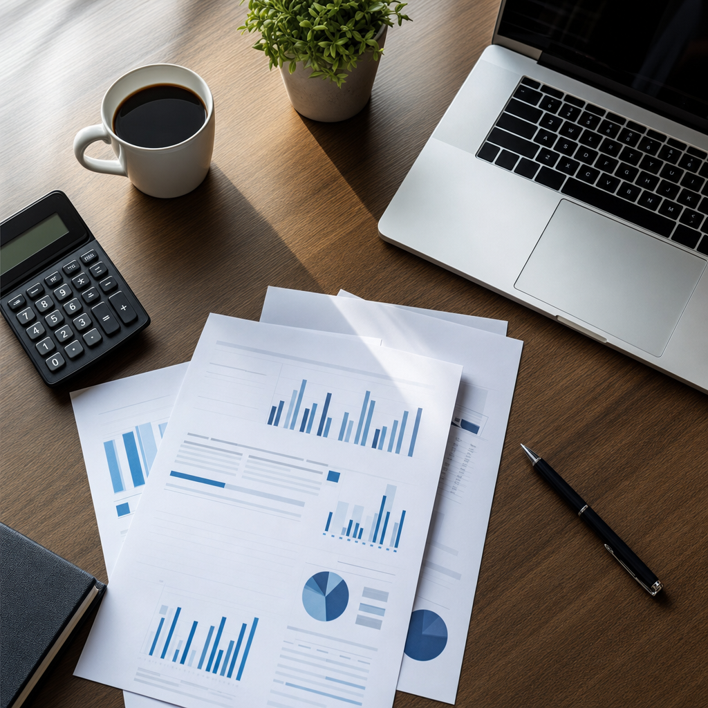 Desk with a calculator and financial charts representing an ROI calculation